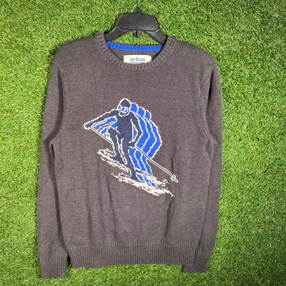 Urban Pipeline Mens Skier Graphic Crewneck Sweater Gray Blue Medium